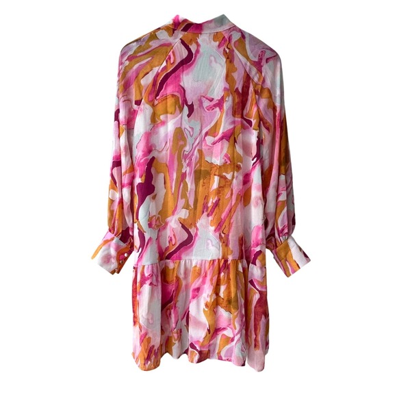 Fashion Pink Orange Abstract Print Button Down Ruffle Hem Mini Shirt Dress M NEW - Picture 8 of 12